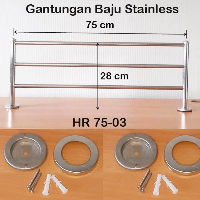 Rak Gantungan Baju Dinding Stainless Steel 75 cm, 3 Baris