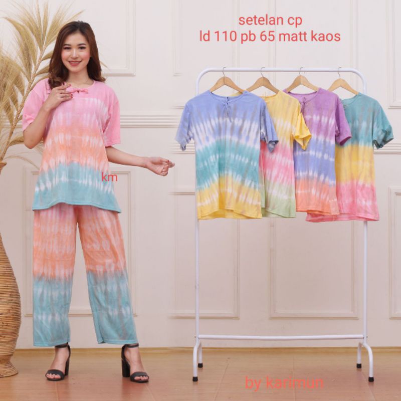 One Set Wanita Motif Tiedye / Piyama Wanita Dewasa Kekinian Celana Panjang