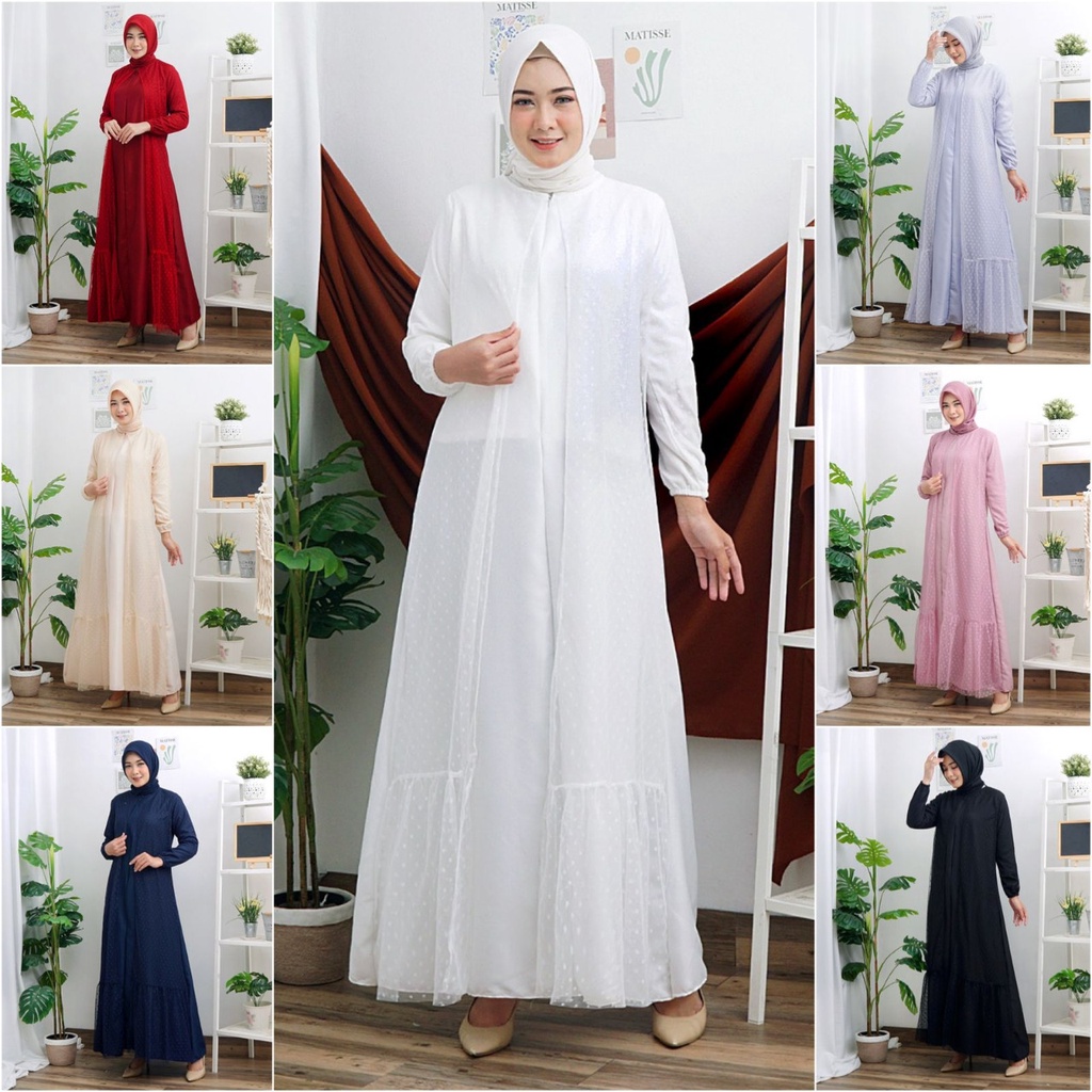 Haliya Tile Dotty Gamis Dress Mosscrepe Mix Tille Dot Maxi Dres Muslim Lebaran Pesta Kondangan Murah