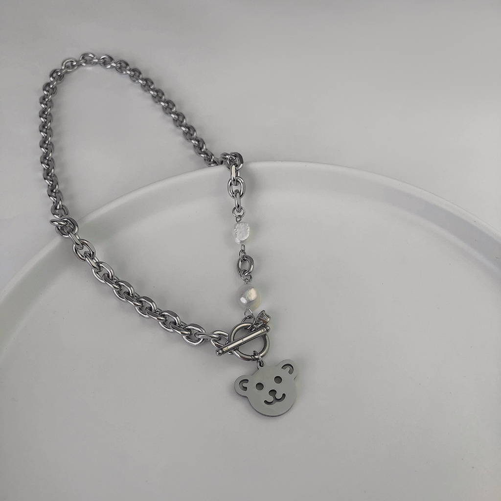 Hip hop Keren Bumi bear titanium steel kalung untuk wanita ins baru trendi niche desain PL rantai mu