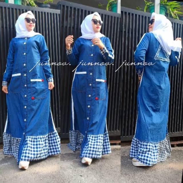 Gamis jeans junov motif kotak