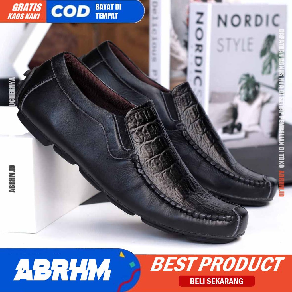 ABRHM X ASBUL Sepatu Slip On pria Kulit Asli Sepatu Pantofel Pria Kerja Sepatu Pria Casual Sepatu Kasual Kekinian Original Terlaris