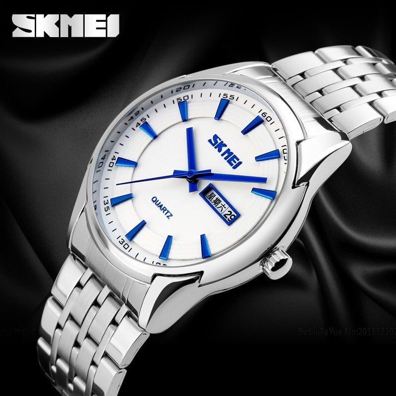 JAM TANGAN PRIA ANALOG SKMEI 9125 WHITE STEEL WATER RESIST 30M