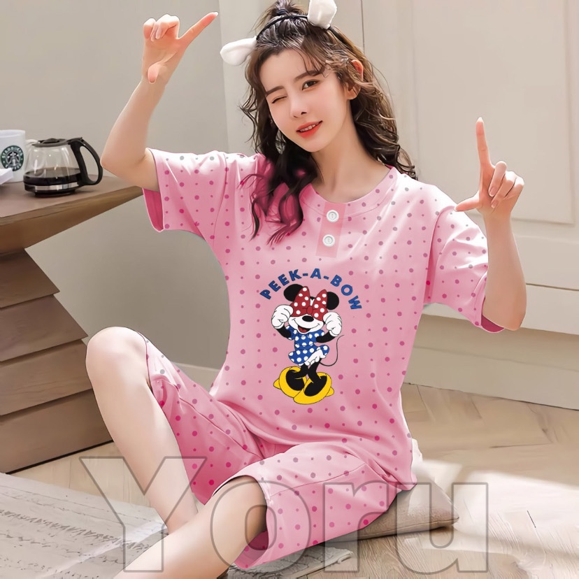 Pamelo Piyama 3/4 Baby Doll Murah Suplier Sleep Wear All Size Baju Tidur Wanita kaos Katun Stelan Stage2 Baju Tidur Murah Produk Terlaris-3/4 Mini peeBo Pink
