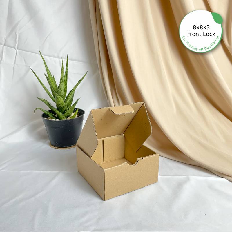 

Dus Packing 8x8x3 Die Cut Front Lock - Karton Box Kardus Eco-Friendly Mini Olshop Aksesoris Kado Gift Kecil