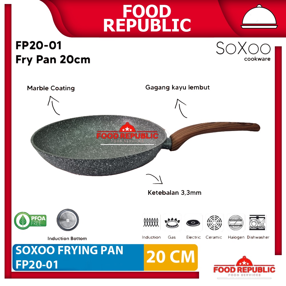 Fry Pan Marble 20 cm Induksi Anti Lengket Frying Wok Pan Soxoo FP20-01