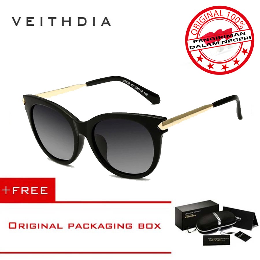 VEITHDIA 7016 Kacamata Hitam Wanita Cat Eye Polarisasi Aluminium dan Travel Free Hardcase Original