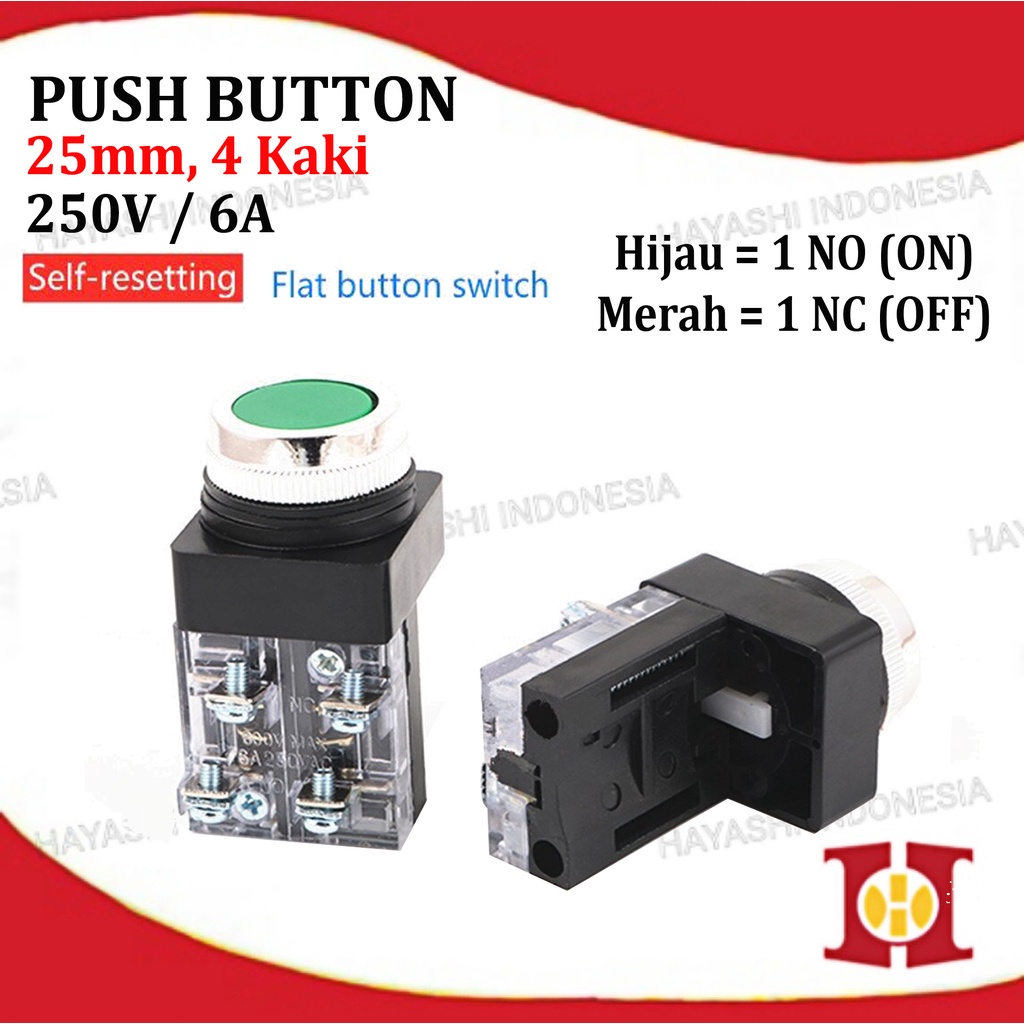 Push Button TAB 25MM PB2501 PB2511 2 4 Kaki Tombol On Off Merah Hijau