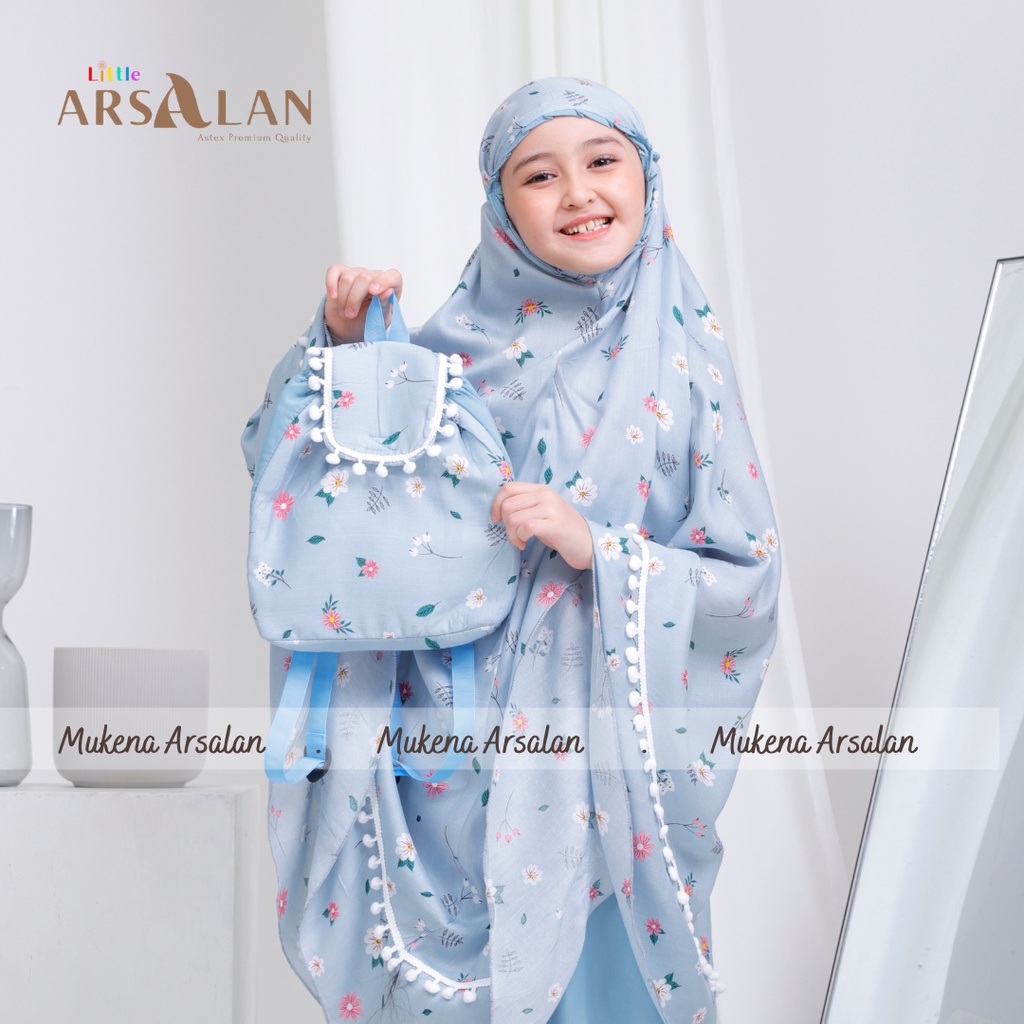 Mukena Anak Pompom Tas Ransel Gendong Tanggung | Mukena Rayon kombinasi Mikro Mukena Anak SD Tanggung | Mukena Arsalan