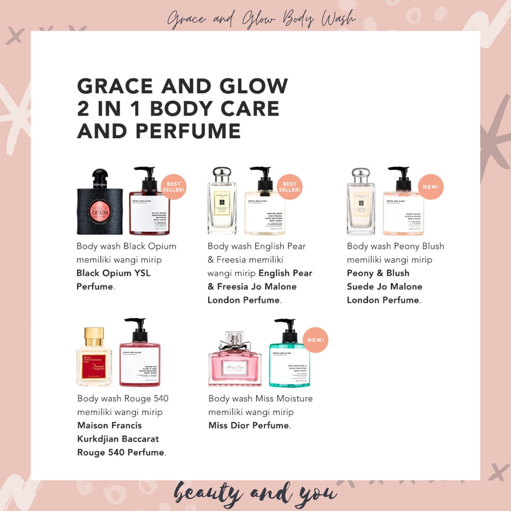 BPOM Grace and Glow Black Opium Brightening - English Pear &amp; Freesia Anti Acne Body Wash - Body Scrub - Miss Moisture - Peony Blush (ORIGINAL)