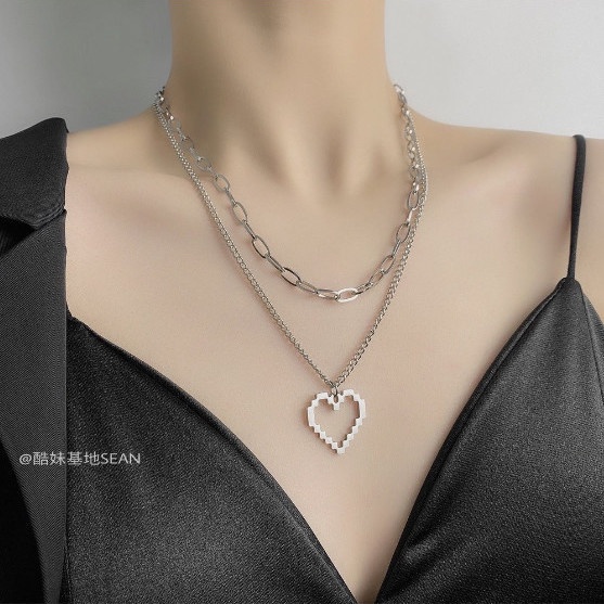 Eropa dan Amerika in mosaic jantung-berbentuk titanium steel double-layer kalung pria dan wanita kep