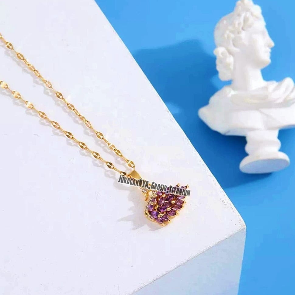 TITANIUM KALUNG ANGSA ZIRCON KRISTAL WARNA  ELEGAN MODERN GOLD ANTI LUNTUR&amp;KARAT