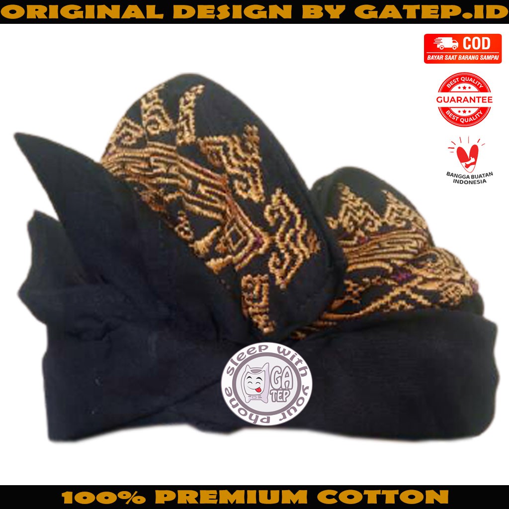 Udeng Bali Hitam Polos Bordir Emas Setengah Jadi - Ikat Kepala Bali - Topi Bali - Blangkon Bali