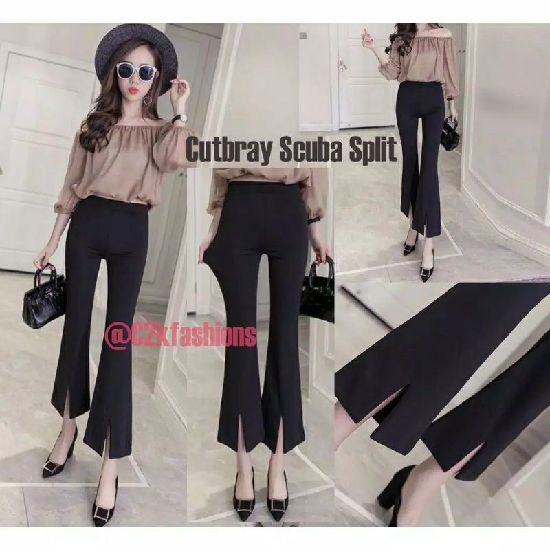 Celana cutbray office pants slit scuba / celana cutbray wanita belah bawah