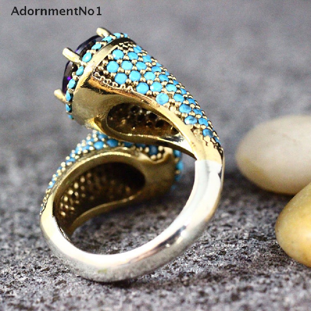 (AdornmentNo1) Cincin Terbuka Gaya Retro Aksen Batu Turquoise + Zircon Ungu Untuk Perhiasan Wanita