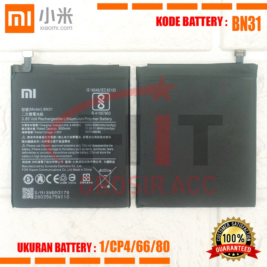 Baterai Battery Xiaomi BN31 Redmi NOTE 5A , Note 5A Pro , MI5X , Mi A1