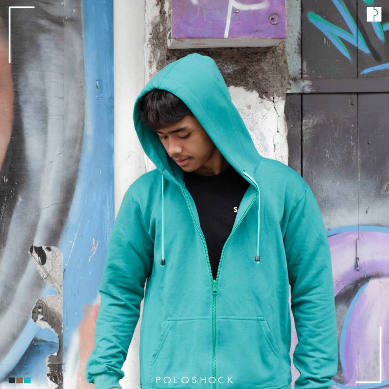 jaket zipper polos pria wanita hijau botol poloshock