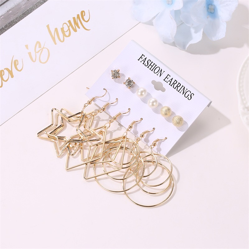 Set Anting Stud Panjang Double Layer Bentuk Bintang Geometris Aksen Mutiara Frosted Bahan Metal