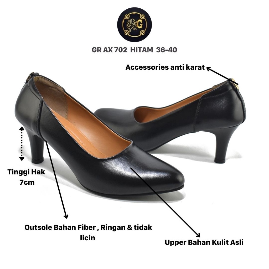 Sepatu Wanita Heels Kulit Asli Hak 7cm Grutty AX702 Hitam