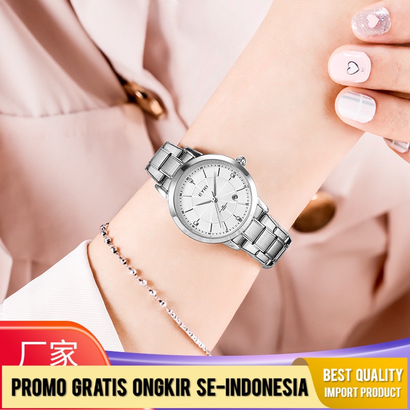 Jam Tangan Wanita Aiqi  Tiga Pin   Kuarsa Berlian Baja Strap Watch  Kalender Pasangan Watch Pair eet