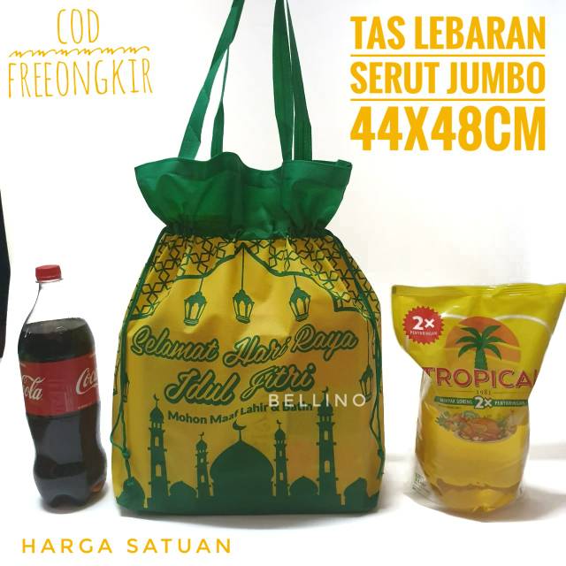 1 Buah Tas Lebaran Idul Fitri Serut Jahit Tapak Bawah Jumbo Size 44x48cm / Goodie Bag Lebaran