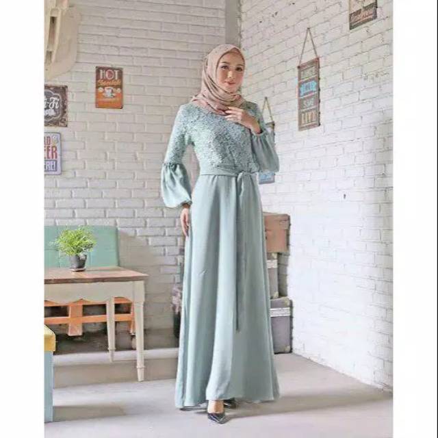 MONI DRESS - Baju Dress Kondangan Brukat Polos Bunga Moscrepe Polos Hijau Mint Grey Abu