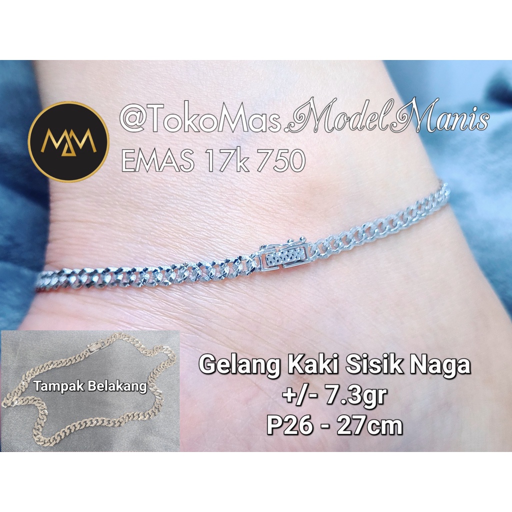 Gelang Kaki Sisik Naga padat ukir emas putih 750 kadar 17k