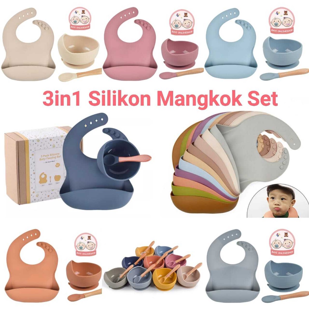 3 Pcs   Mangkok Sendok Silikon Feeding Set Celemek  Silicone Bib Tempat Makan Bayi Peralatan Makan Bayi Bukan Baby Safe