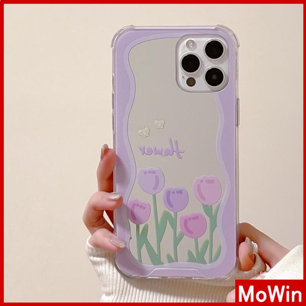 iPhone Case Acrylic HD Mirror Laser Airbag Shockproof Protection Camera Cute Purple Tulip Flowers Compatible For iPhone 11 iPhone 13 Pro Max iPhone 12 Pro Max iPhone 7 Plus iPhone xr