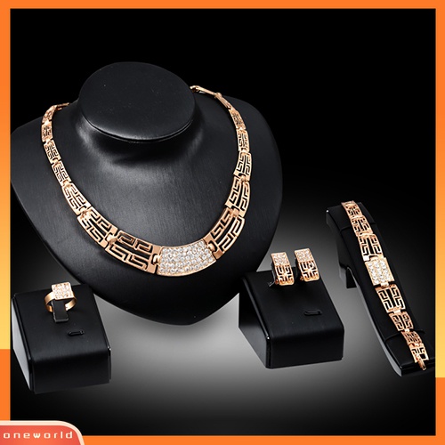 (ONWO) Set Kalung + Anting + Gelang + Cincin Kristal Hollow Out Untuk Pesta Malam