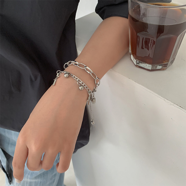 Korean Fashion Cross Round Bead Multilayer  Silver Bracelet Creative Couple Bracelets Jewelry Accessories