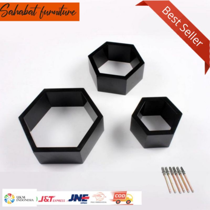 Rak dinding kayu segi enam Hexagonal