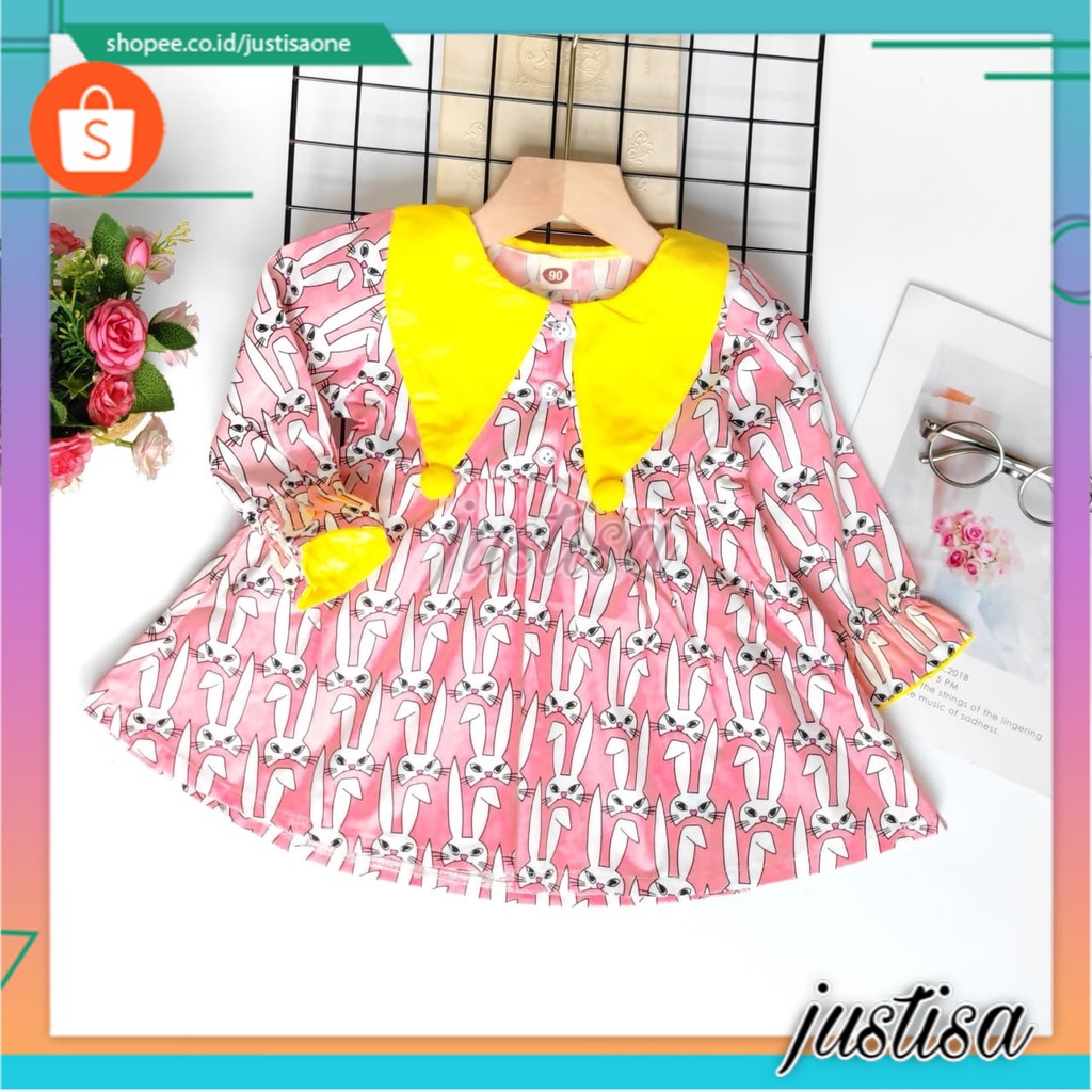 Promo !! Dress anak cewek imut / dress many angry rabbit  import ukuran 1-2tahun (pink kuning)