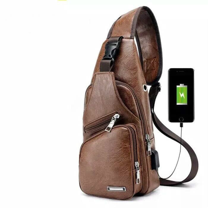 New 8092 Tas Selempang usb Pria Sling Bag KULIT USB Port