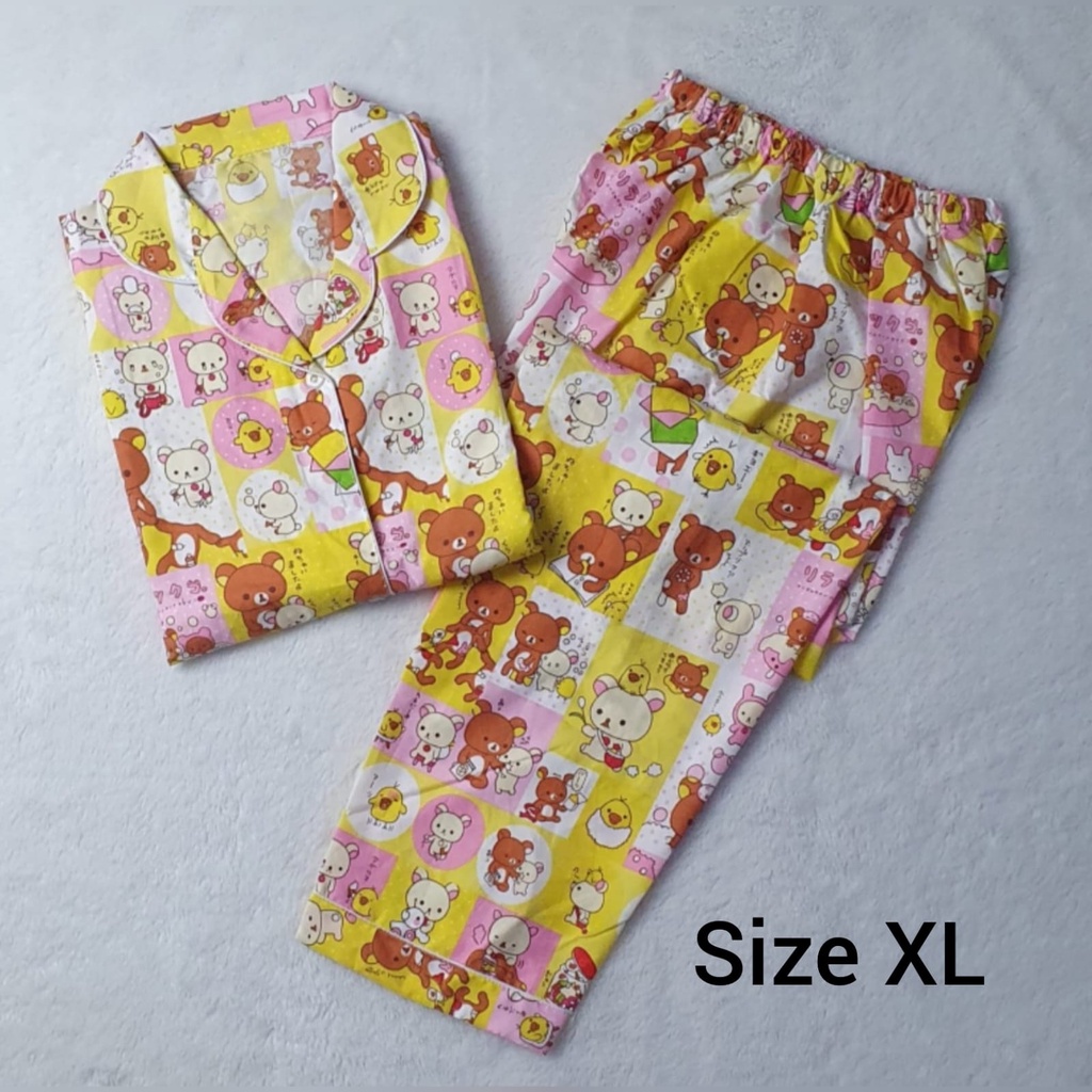 Baju Tidur Dewasa Gambar Lucu LD 104cm / Piyama Katun Lengan Pendek Celana Panjang CP-CP LAZY BEAR PINK XL