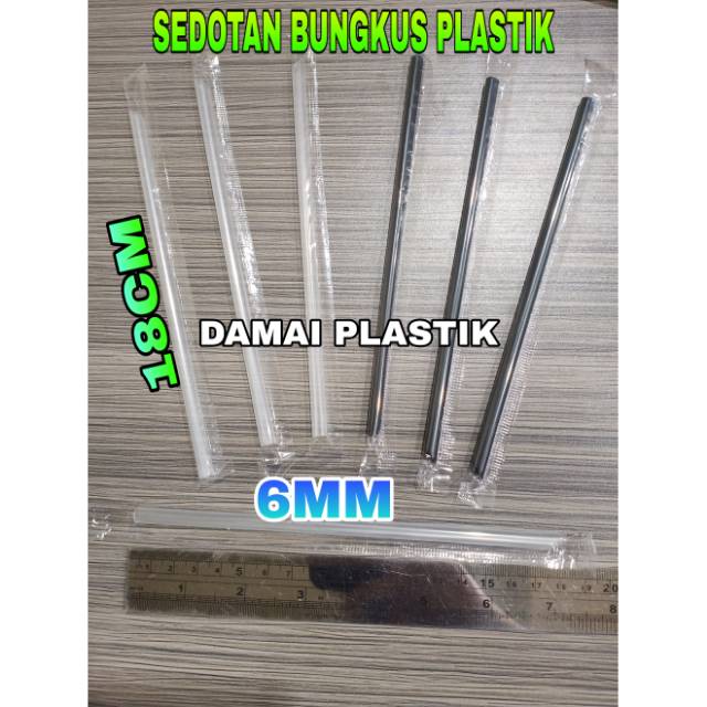 Sedotan Plastik 6mm 18cm Steril Hitam Bening 250btng Bungkus Hegenies Kopi Lurus Lancip Runcing 6 mm