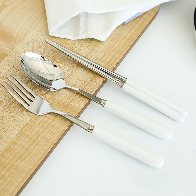 1pc Peralatan Makan Sendok Garpu Sumpit Bahan Keramik Stainless Steel Warna Putih
