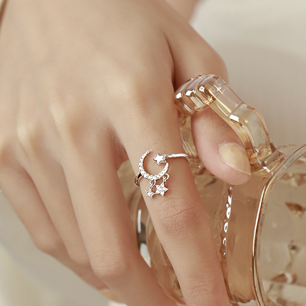 Hu Hu Hu Hu Hu Alat Bantu Pasang Kacamata♡ Cincin Model Terbuka Desain Bulan Dan Bintang Bahan Stainless Steel Untuk Wanita