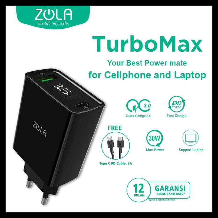 Zola Charger Turbo Max Led Display QC 3.0 & PD For Ipad pro & Macbook - Hitam