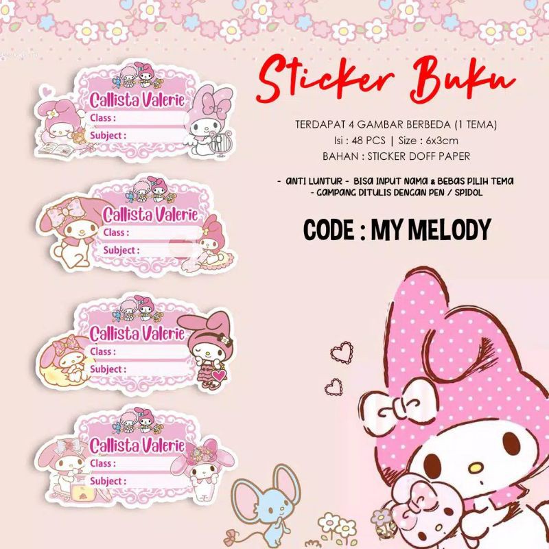 

Sticker / Stiker Buku Custom Nama Karakter Tema MY MELODY