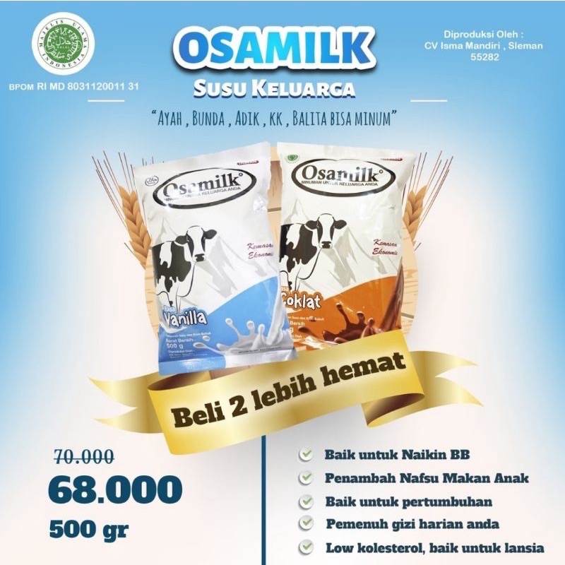 Susu Bubuk Osamilk 500gr Cokelat Vanila Varian Kemasan Ekonomi