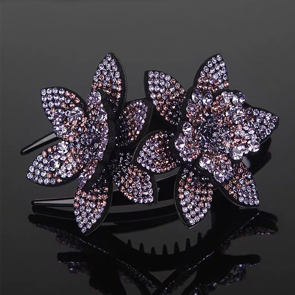 Needway  Crystal Large Size Headwear Rhinestone Double Flower Crystal Hair Clip