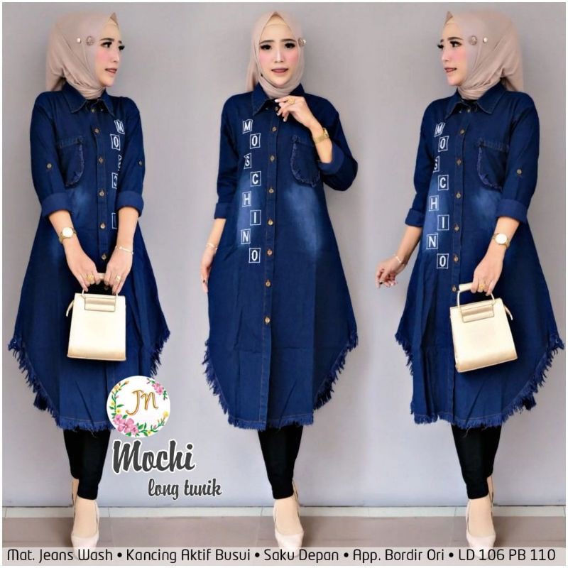 (M,L,XL,XXL) Atasan Tunik Muslim Jeans Original Bordir Rawis- Mochi Long Tunik Bestseller Busui Friendly