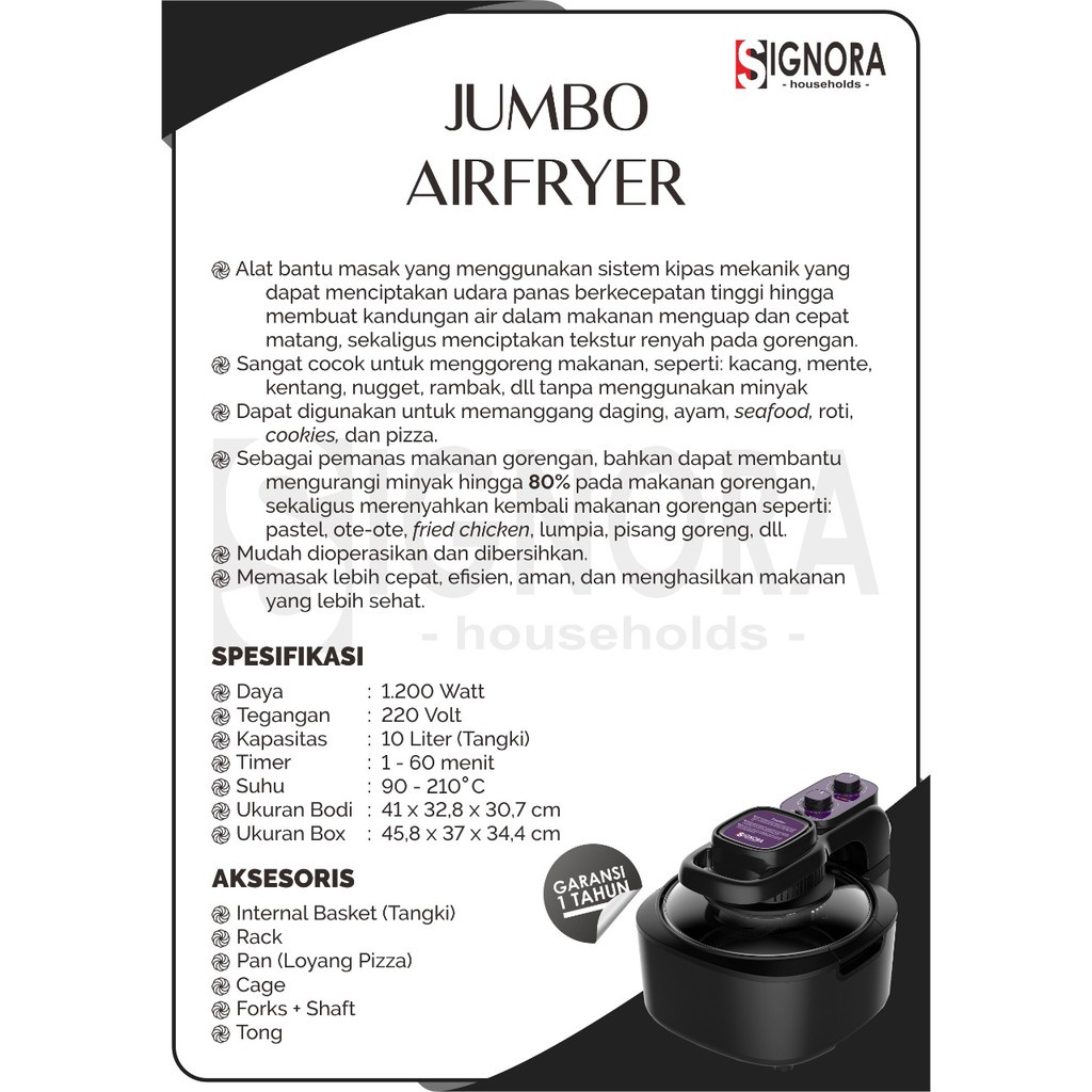 Digital Air Fryer Jumbo Signora / Jumbo Air Fryer Signora / Menggoreng Tanpa Minyak