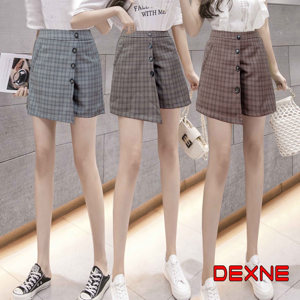 DEXNE - Rok Celana Pendek Mini Skirt Korean Style Wanita Dewasa Kotak Kotak