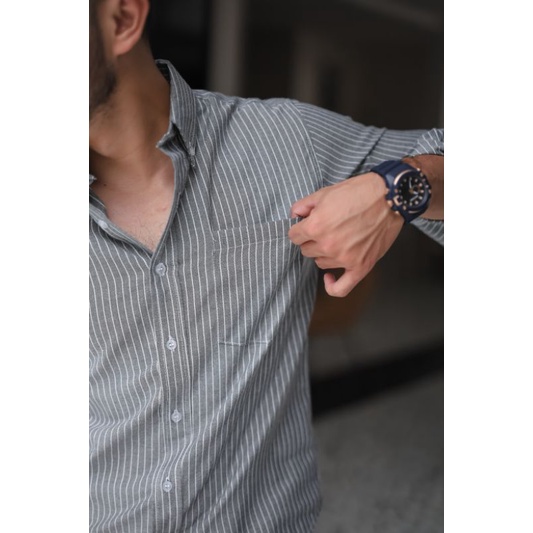 Mubeng - Kemeja Panjang Royal Oxford Dark Grey Stripe
