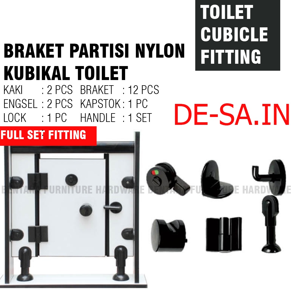 BOX SET PARTISI TOILET NYLON BLACK HITAM KUBIKAL KAKI ENGSEL PINTU BUKA KANAN TARIKAN PARTISI KAPSTOK BRACKET - CUBICLE FITTING