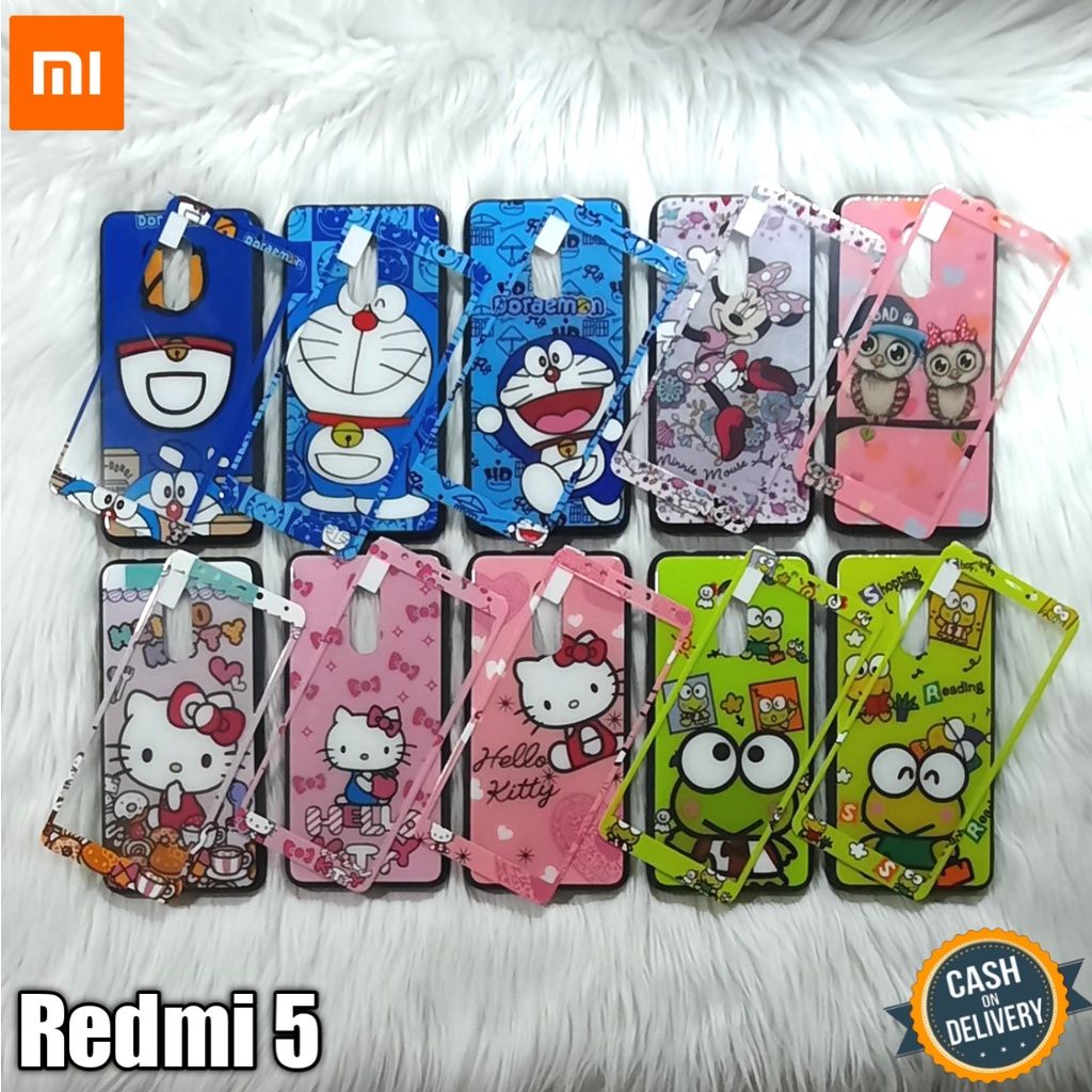 Casing Hp Xiaomi Redmi 5 Glass Case Motif + Tempered Glass