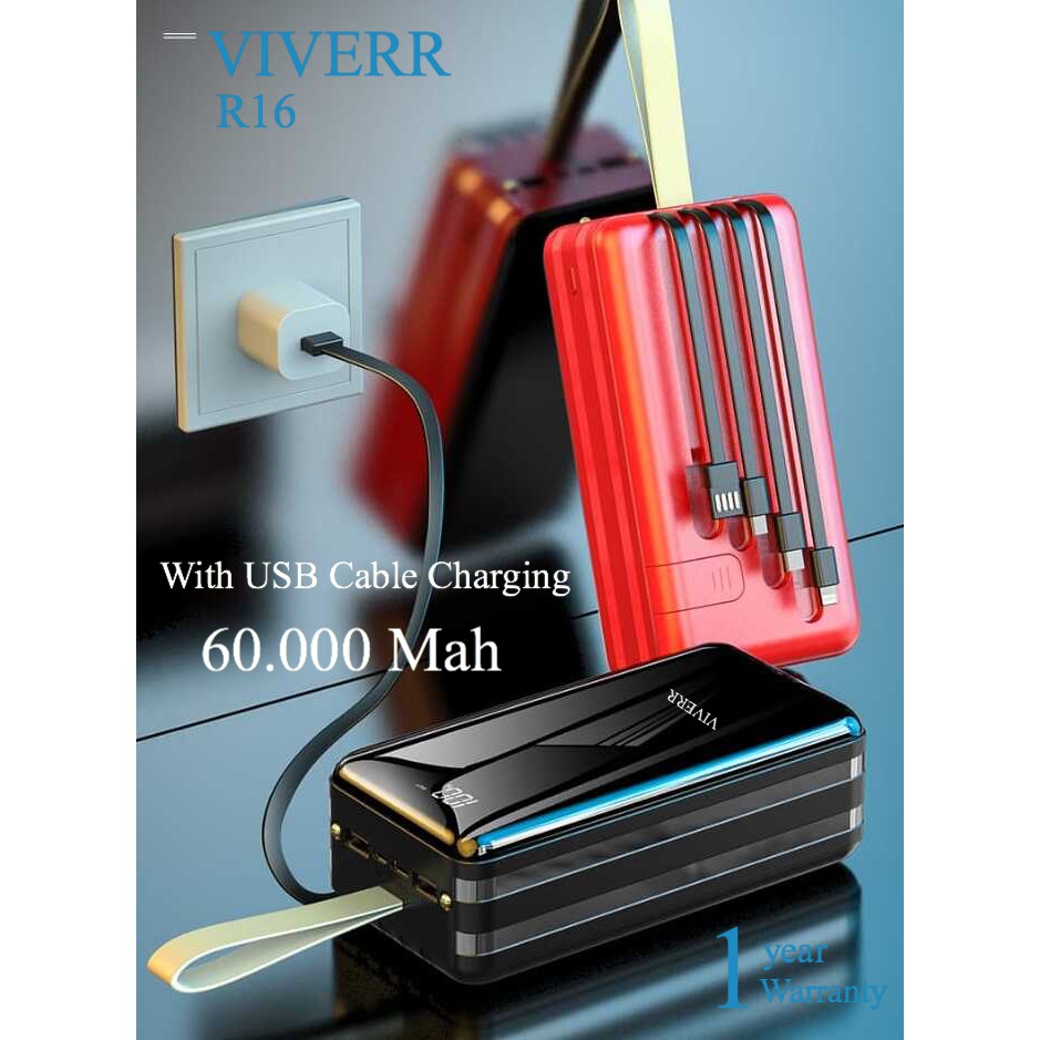 Powerbank VIVERR R16 + 4kabel output Kapasitas 60.000 mAh Original garansi 1 tahun