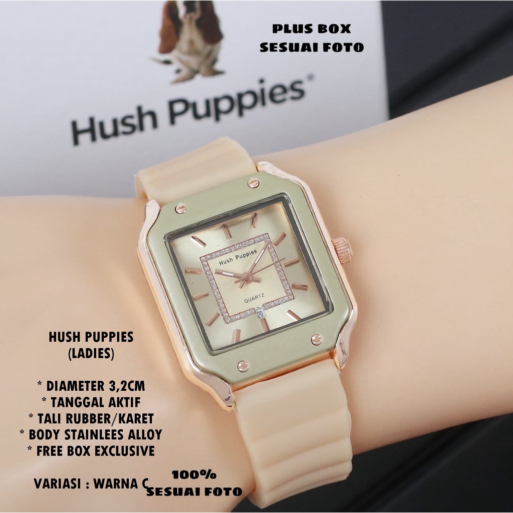 (FREE BOX) JAM TANGAN WANITA HUSH PUPPIES TALI RUBBER BODY SEGI TANGGAL AKTIF